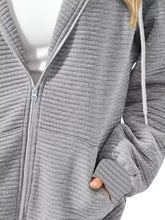 Gray ribbed drawstring zip up dropped shoulder hoodie with matching hood and front pockets machine wash care instructions