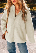 Drawstring Zip Up Long Sleeve Hooded Jacket Ivory Woman Outerwear