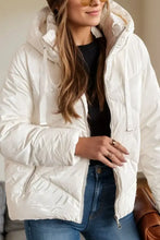 White drawstring zip long sleeve hooded winter coat with puffer hood