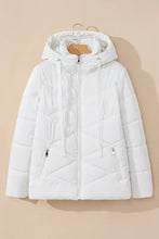 White drawstring zip long sleeve hooded winter coat in puffer style