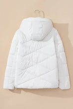 White quilted puffer winter coat with drawstring zip and long sleeve hood