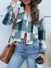 Drop shoulder cropped Perfee plaid button jacket with distressed denim jeans