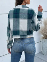 Drop shoulder cropped Perfee plaid button jacket in green, white, gray squares with distressed denim jeans