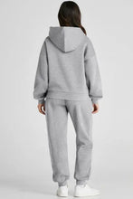 Light gray dropped shoulder long sleeve fleece hoodie and pants set with hood
