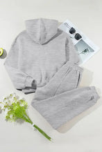 Gray dropped shoulder long sleeve hoodie and pants set with drawstring waistbands in soft cotton blend