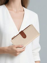 Dual Zipper Long Wallet back: beige textured leather, brown strap, gold zipper