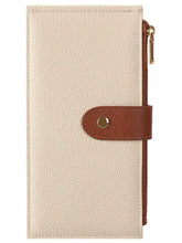 Dual Zipper Long Wallet back: cream pebbled leather, brown strap, gold zipper