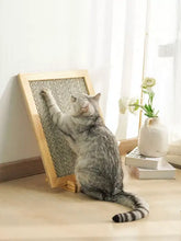 Gray tabby cat scratches durable vertical sisal post with wooden frame