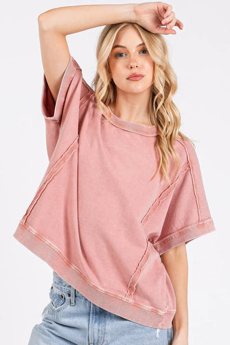Dusty Rose Mineral Wash French Terry Short Sleeve Sweatshirt for Women ANTIQUE PINK