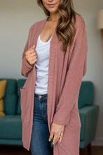Dusty rose ribbed cardigan with pockets and open front