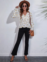 Floral V-Neck Balloon Sleeve Peplum Blouse Woman Blouses