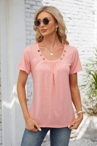 Decorative Button Scoop Neck T-Shirt Watermelon pink