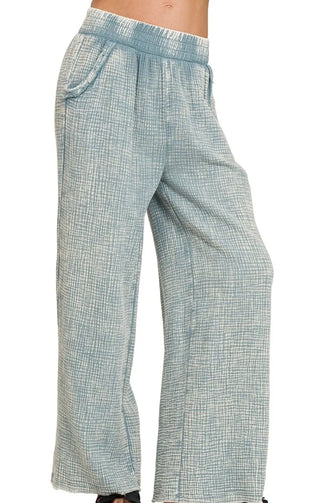 Zenana Washed Double Gauze Elastic Band Waist Pants BLUE GREY