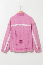 Lace Detail Distressed Raw Hem Long Sleeve Denim Jacket Woman Outerwear