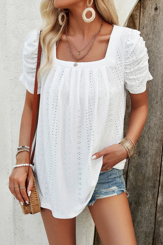 Devine Eyelet Square Neck Puff Sleeve T-Shirt White