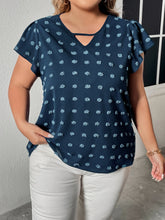 Honey Plus Size Swiss Dot V-Neck Flutter Sleeve Tee Dark Blue