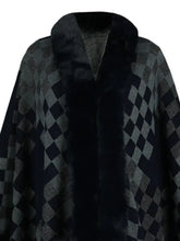 Fuzzy Checkered Long Sleeve Poncho Dark Navy One Size Woman Outerwear