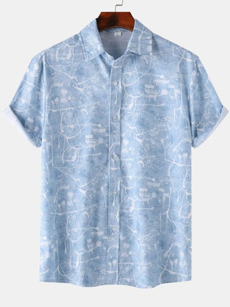 Men's Printed Short Sleeve Button Down Shirt Blue