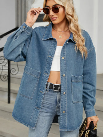 Removable Hood Button Up Long Sleeve Denim Jacket Medium