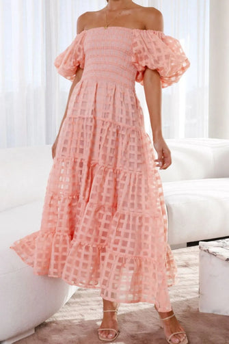 Off Shoulder Short Puff Sleeve Midi Dress Watermelon pink