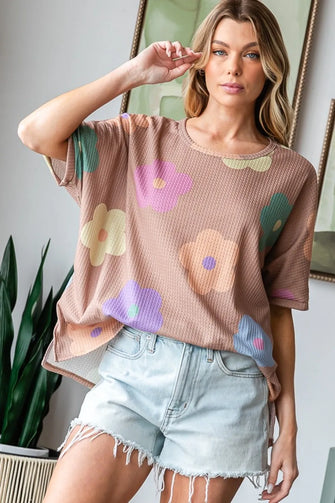 HOPELY Full Size Floral Round Neck Side Slit Waffle T-Shirt Mocha Woman T Shirts