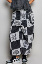 Pol drawstring high-rise patchwork jogger pants in black and white feature embroidered eye sun moon tree and mushroom motifs in soft cotton fabric