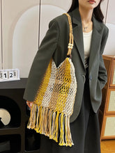 Woven Fringe Shoulder Bag with Wooden Handle Yellow One Size