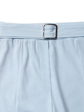 Light blue lace trim flare leg pants with pleated fabric and silver-toned rectangular buckle detail