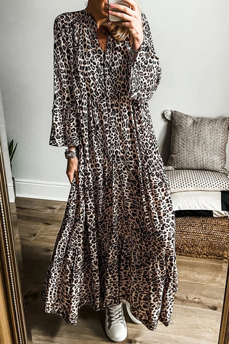 Leopard Notched Long Sleeve Maxi Dress Leopard