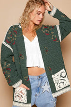 POL Embroidered Open Front Quilted Jacket with Crochet Pockets Dark Green