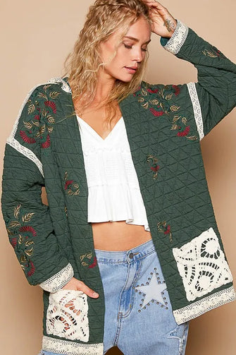 POL Embroidered Open Front Quilted Jacket with Crochet Pockets Dark Green