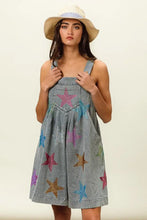 Bibi Star Rhinestone Washed Denim Short Overalls with Star Print Sundress
