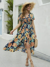 Floral Print Short Sleeve Wrap Midi Dress Green