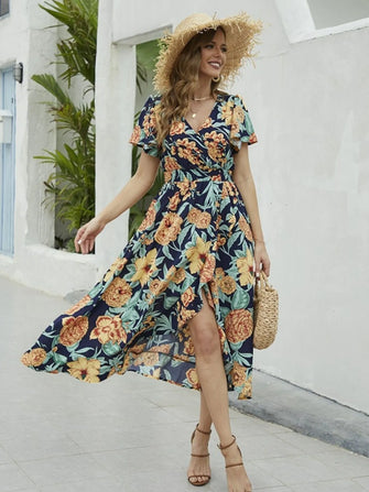 Floral Print Short Sleeve Wrap Midi Dress Green