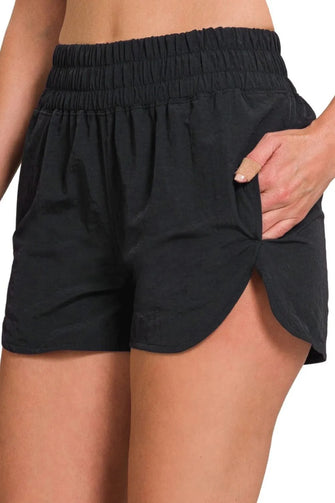 Zenana Windbreaker Smocked Waistband Running Shorts BLACK