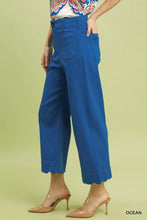Bright blue umgee scallop hem wide-leg pants featuring high-waisted cropped design with scallop hem detailing