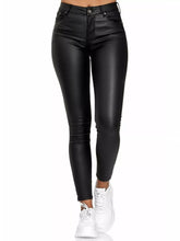 Black faux leather high-waisted skinny pants with shiny finish and classic stitching ideal for plus size care instructions