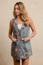 BiBi Floral Print Washed Denim Long Rider Vest Woman Outerwear