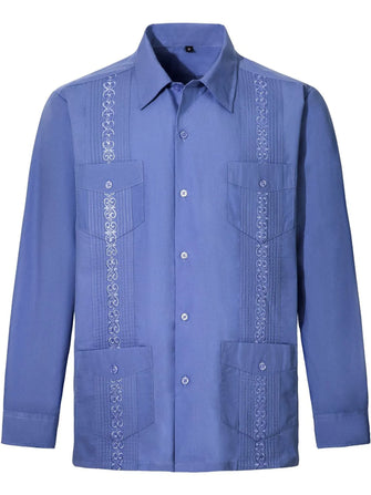Men's Full Size Embroidered Collared Neck Shirt Plus Size Dusty Blue