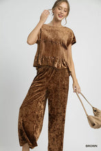 Brown velvet two-piece set with textured ruffle fringe top and umgee velvet smocked waistband wide-leg pants