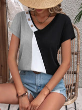 Ivy Lane Color Block Decorative Button V-Neck Tee Mid Gray Woman T Shirts
