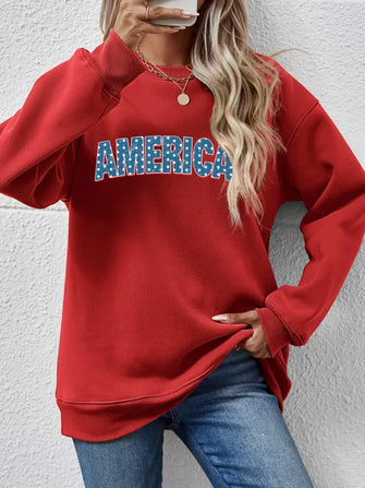 AMERICA Round Neck Dropped Shoulder Sweatshirt Deep Red Woman Sweatshirts