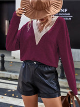 Lace Detail V-Neck Long Sleeve Top Deep Rose Woman Blouses