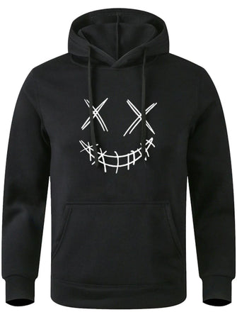 Men's Full Size Drawstring Graphic Long Sleeve Hoodie Plus Size Black Mens Tops