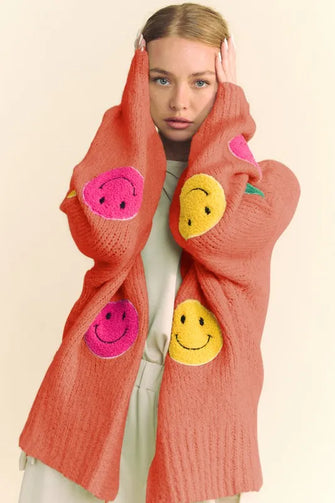 Davi & Dani Fuzzy Smile Open Front Long Sleeve Cardigan Rust