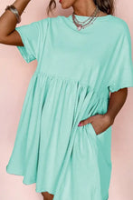 Vestido Mini Casual de Manga Curta com Decote Redondo Azul Menta