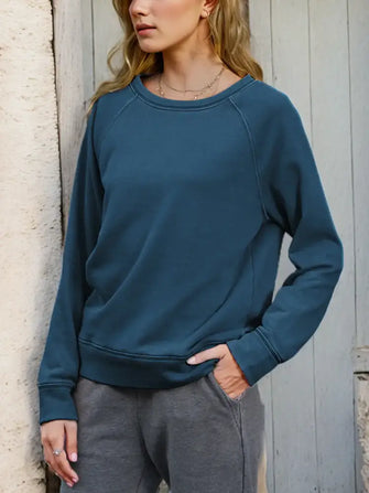 Shiny Round Neck Long Sleeve Sweatshirt Deep Teal Woman Sweatshirts