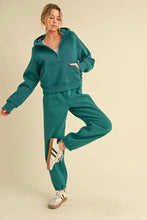 Teal-colored cozy fleece tracksuit with half-zip hoodie and drawstring elastic waist joggers by aemi+co