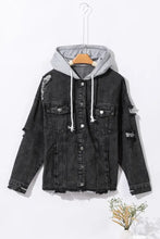 Distressed Drawstring Long Sleeve Hooded Denim Jacket Woman Outerwear