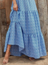 Printed V-Neck Ruffled Cap Sleeve Maxi Dress